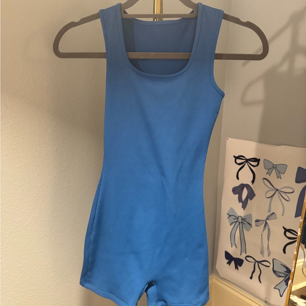 Blue Ribbed Sleeveless Romper